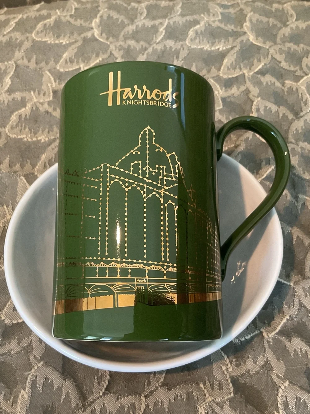 Harrods Knightsbridge Green Stoneware Mug with Gold Decoration Made in Scotland